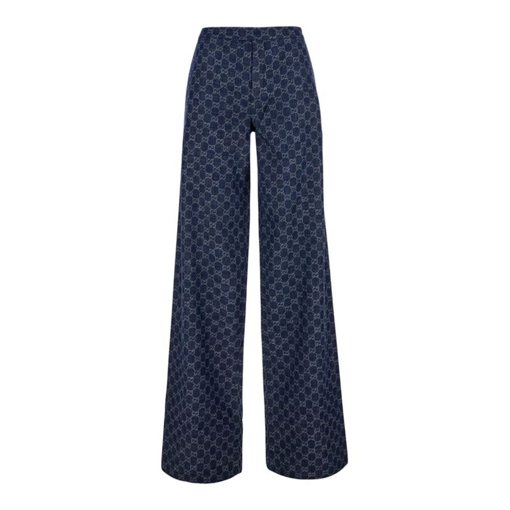 Gucci Women 'Chambray' Blue Pants With All-Over Gg Print In Denim For Women
